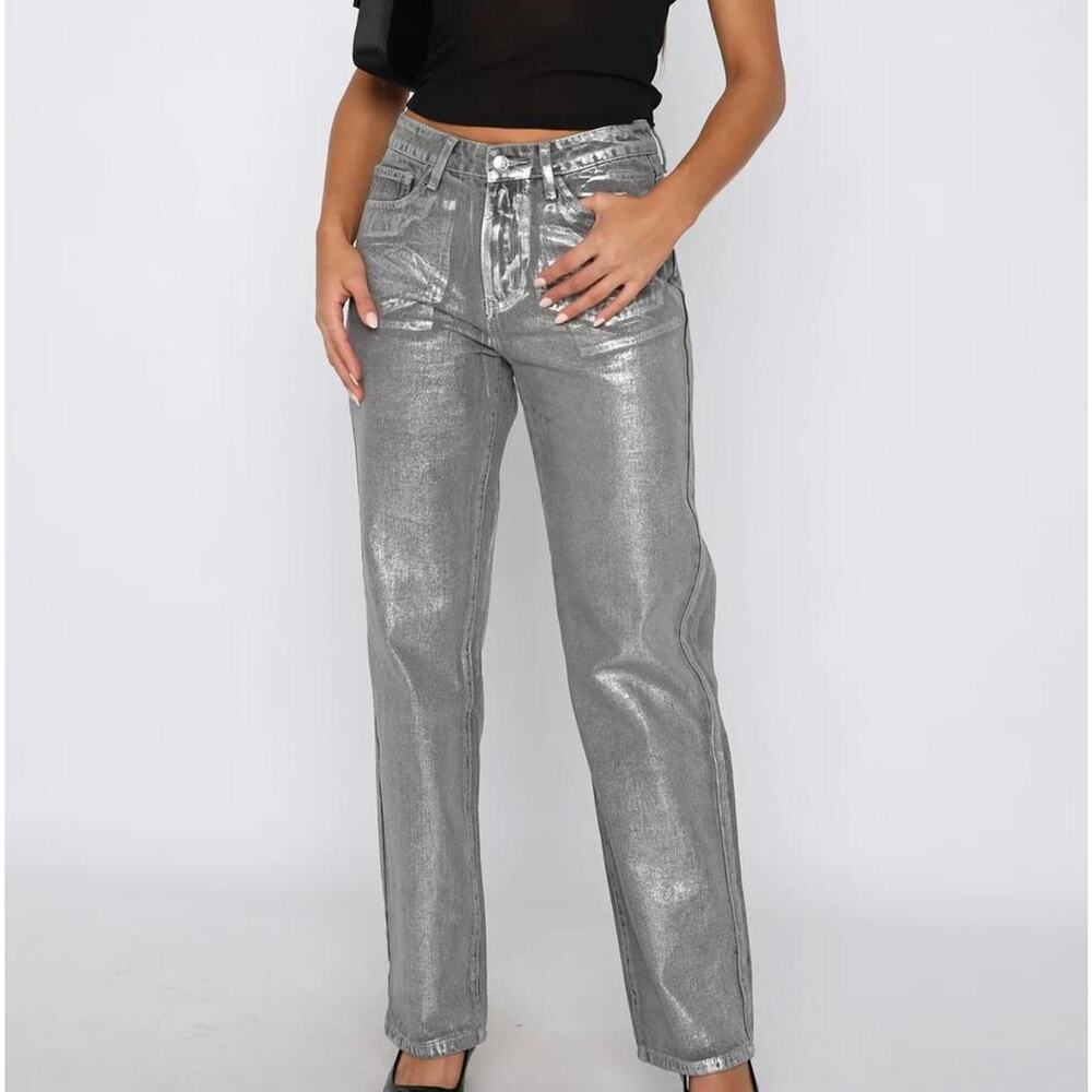 NWT WHITE FOX Metallic Silver Sprayed Straight Jeans Medium